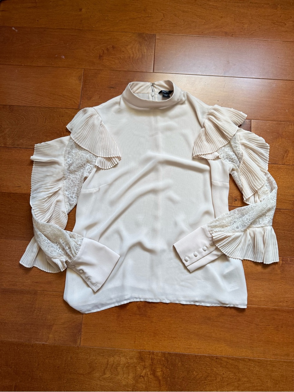 Guess by Marciano Ivory Lace & Pleated Ruffle Mock Neck Blouse